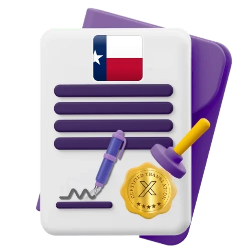 Certified translation certificate with the Texas flag