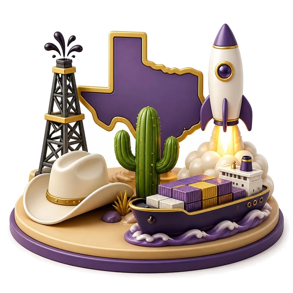 Texas illustration with an oil derrick, a cowboy hat, a cactus, a space rocket and a cargo ship