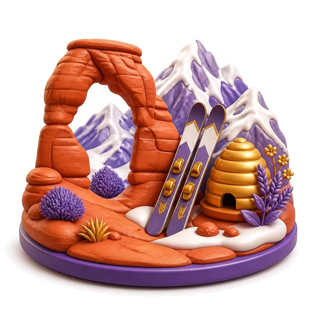 Utah illustration with a red rock arch, snowy mountains, skis and a beehive