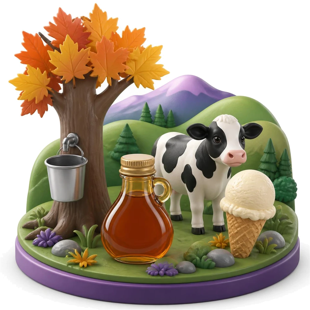 Vermont illustration with a maple tree and sap bucket, maple syrup, a dairy cow and an ice cream cone