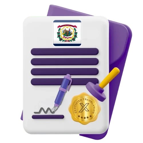 Certified translation certificate with the West Virginia flag