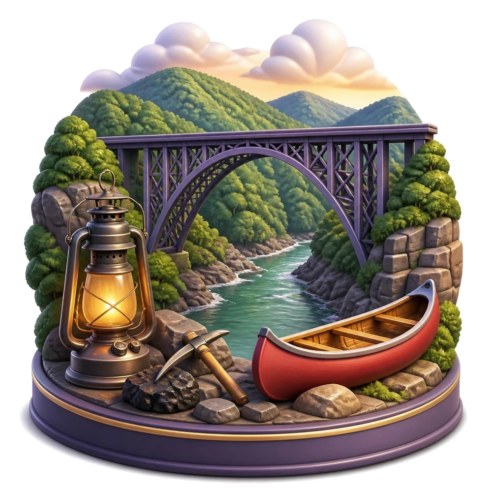 West Virginia illustration with a steel arch bridge over a river gorge, wooded mountains, a lantern and a canoe