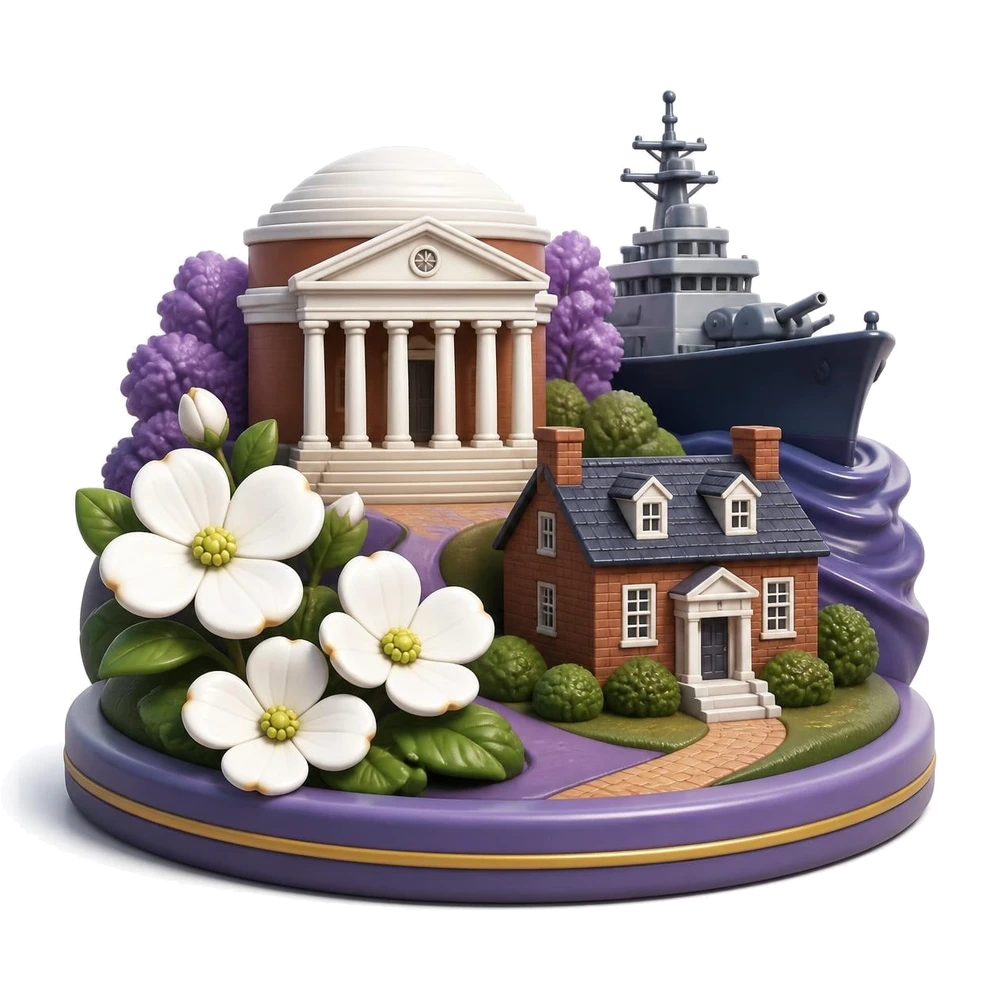 Virginia illustration with a domed rotunda, a navy ship, a colonial brick house and dogwood flowers