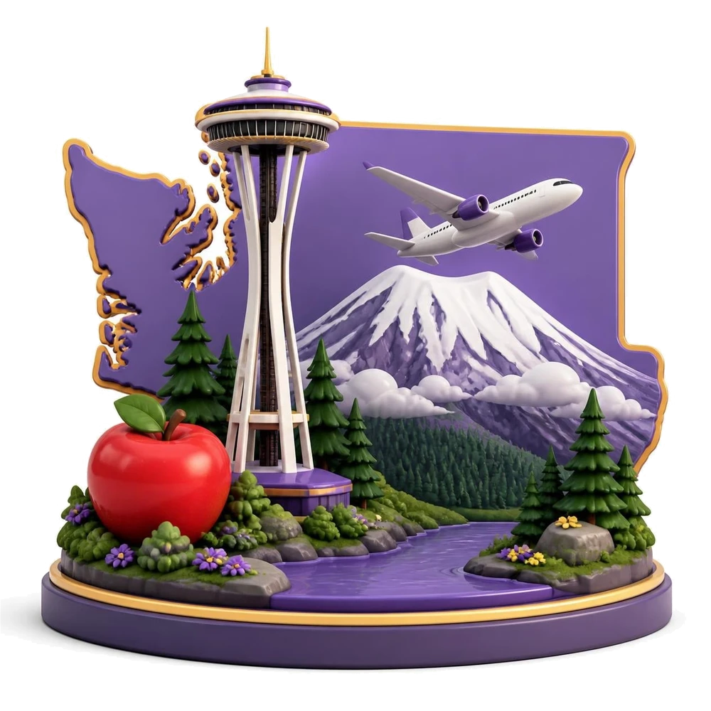 Washington state illustration with an observation tower, a snowy mountain, an apple, evergreen trees and an airplane
