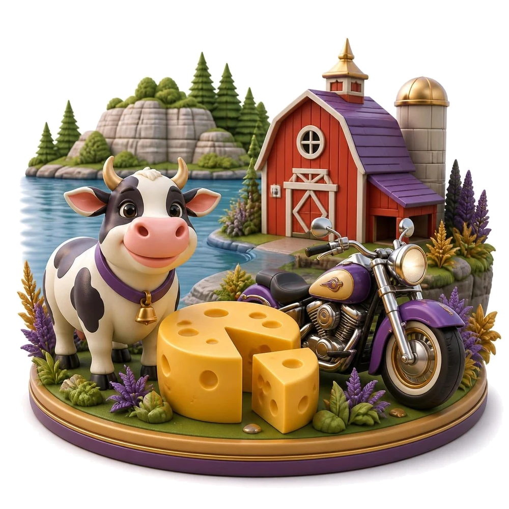 Wisconsin illustration with a wheel of cheese, a dairy cow, a motorcycle and a red barn by a lake