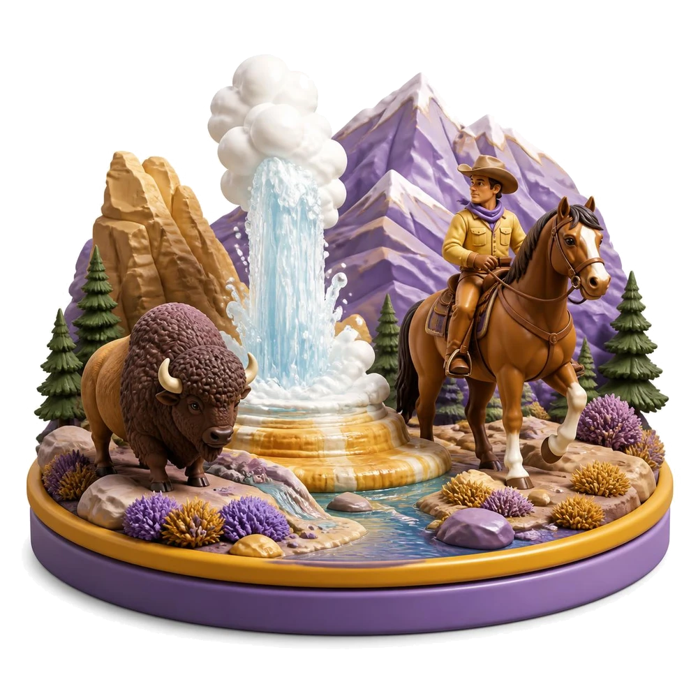 Wyoming illustration with a geyser, a bison, a cowboy on horseback and rocky mountains