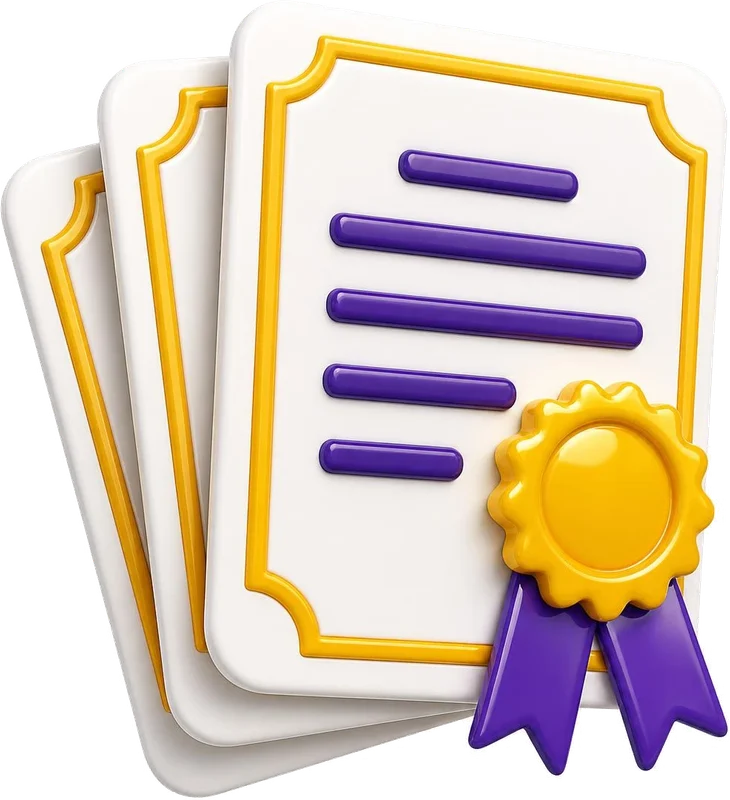 Stack of certificates with a gold seal and purple ribbon, ready for translation