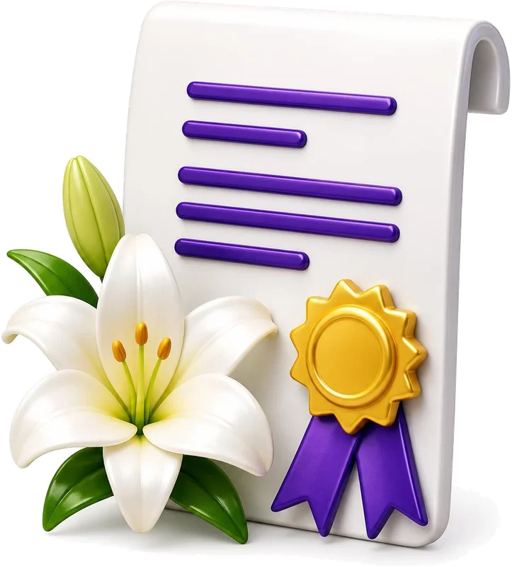 Death certificate with a gold seal and a white lily, ready for a certified translation
