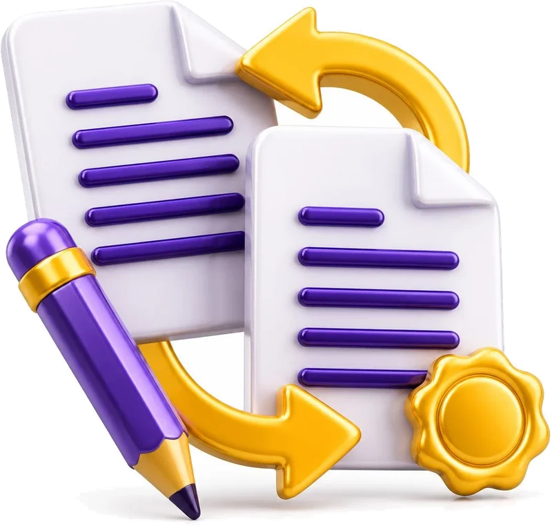 Two documents with exchange arrows, a pencil and a seal, ready for the translation of a name change