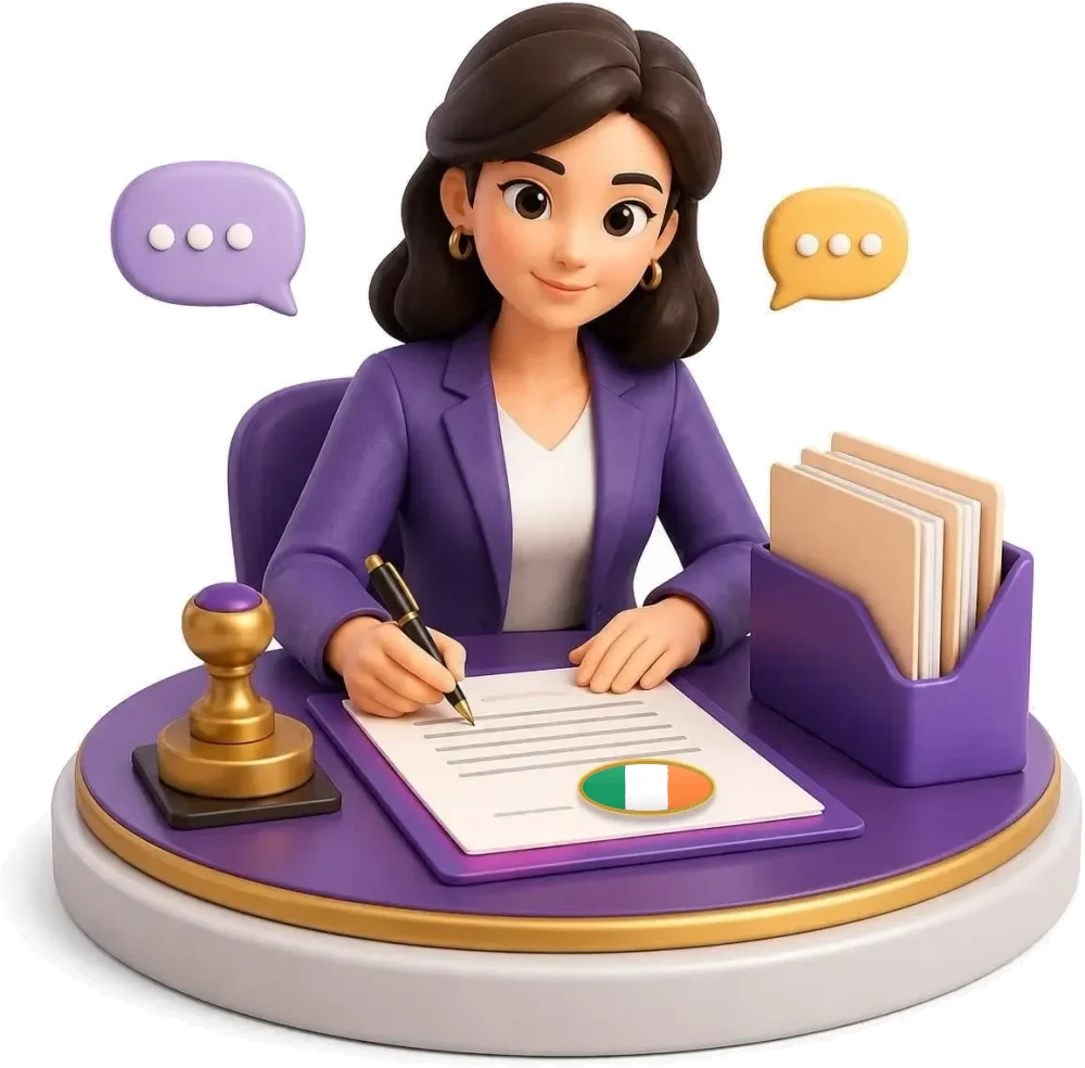 Roxo translator at her desk signing a certified translation with the Irish flag seal