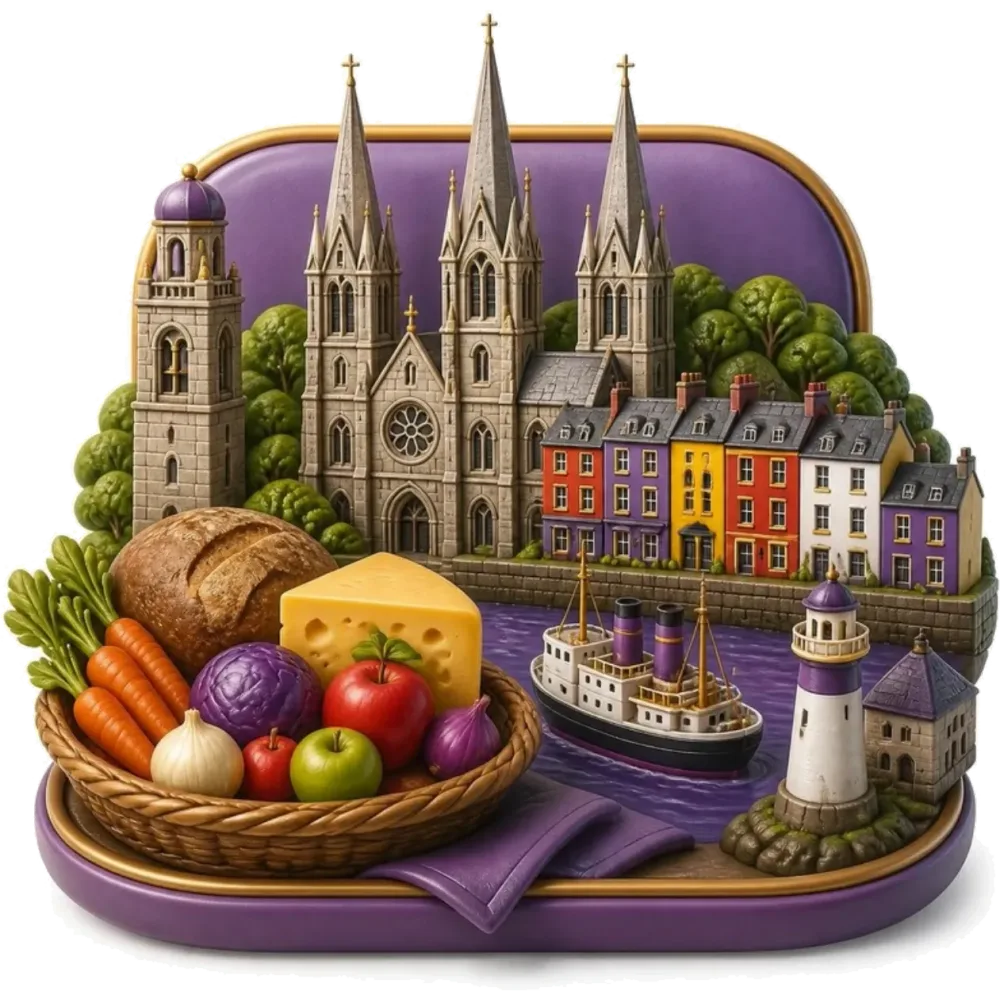 Illustration of Cork: St Fin Barre’s Cathedral, the River Lee, the port of Cobh and the English Market