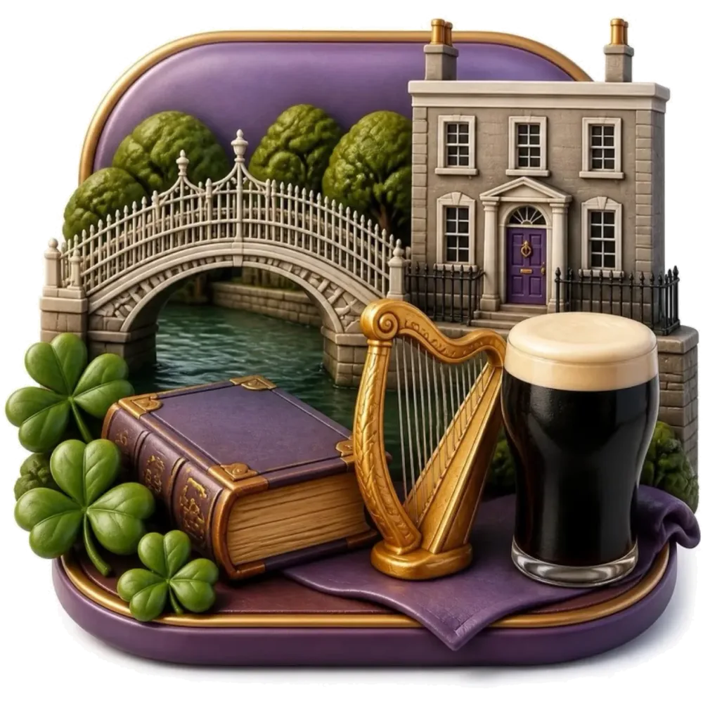 Illustration of Dublin: the Ha’penny Bridge, a Georgian door, a harp, shamrocks and a book