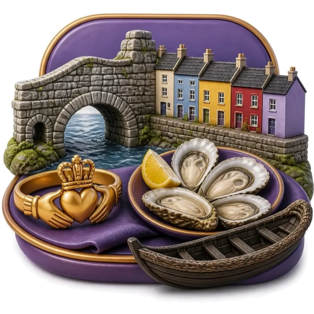 Illustration of Galway: the Spanish Arch, the colourful Long Walk, a Claddagh ring and oysters