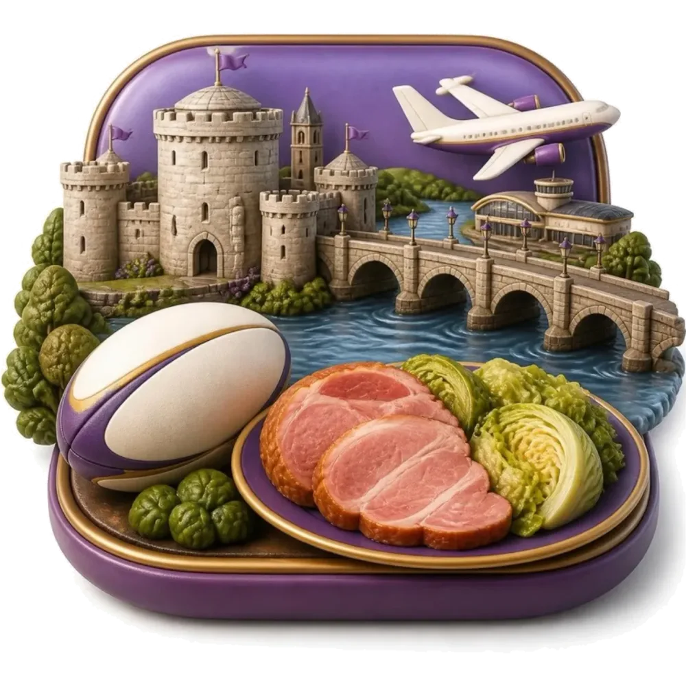 Illustration of Limerick: King John’s Castle on the River Shannon, a rugby ball and a plane from Shannon