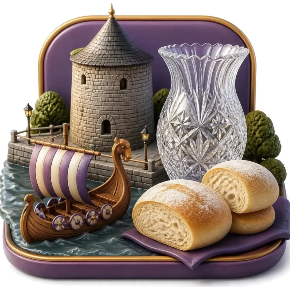 Illustration of Waterford: Reginald’s Tower, a Viking ship, Waterford crystal and a blaa bread roll