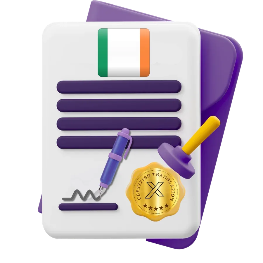 Certified translation for Ireland with the Irish flag and a gold certification seal