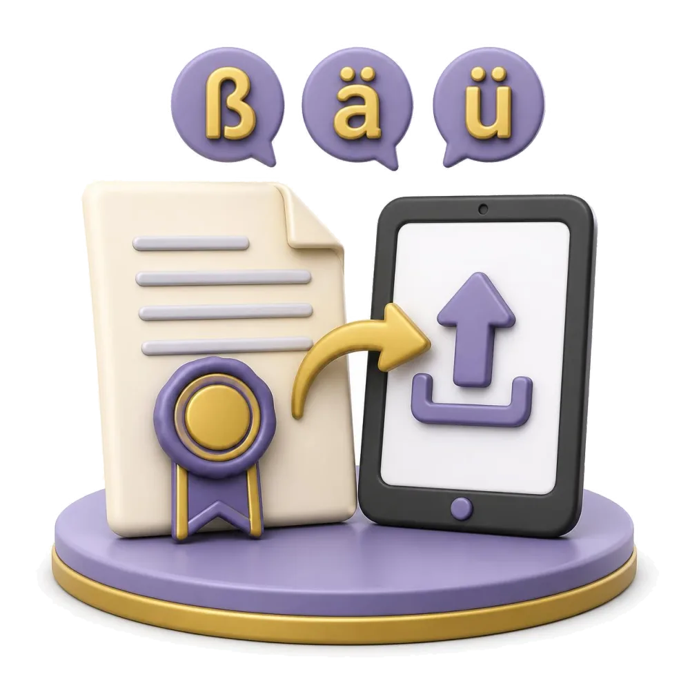 Certified German document with a seal, a tablet sending the file, and ß, ä, ü