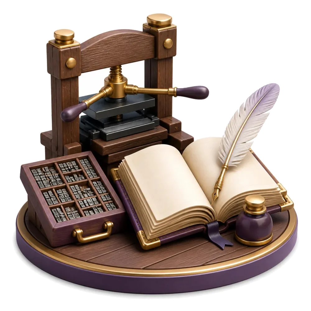 Old wooden printing press with metal type, a large open dictionary and a quill