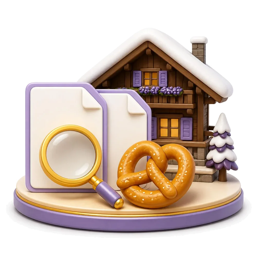 Two documents compared with a magnifying glass, a pretzel and an alpine chalet