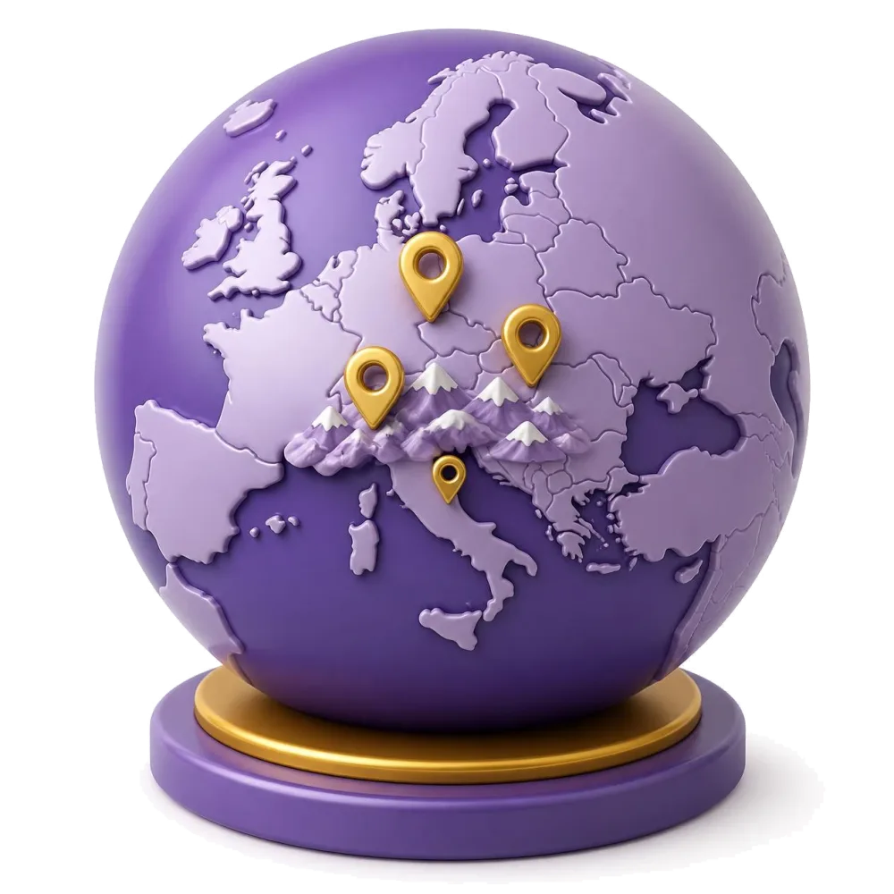 Purple globe with pins on Germany, Austria and Switzerland, where German is spoken