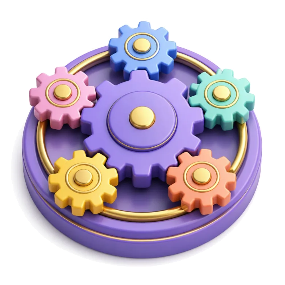Colored gears turning together around a purple hub, the language pairs with German