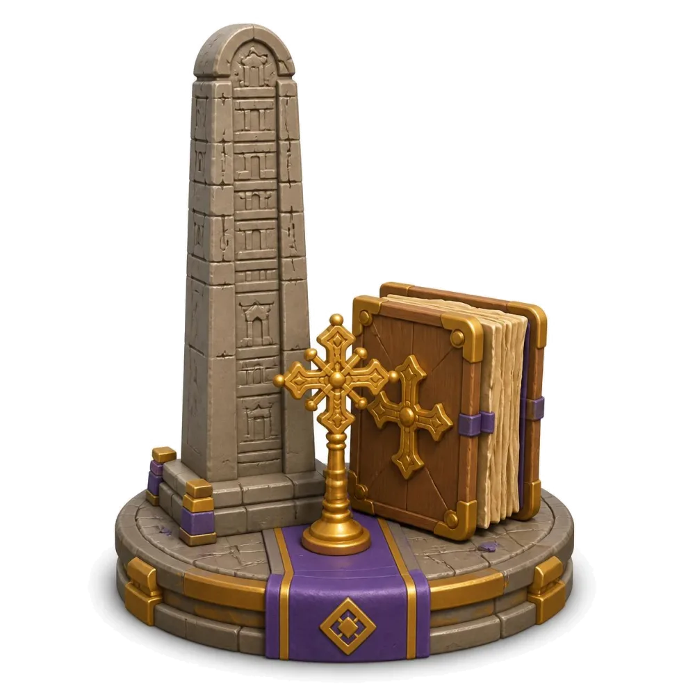 Ancient Aksum stone obelisk, a parchment book with wooden covers and a processional cross