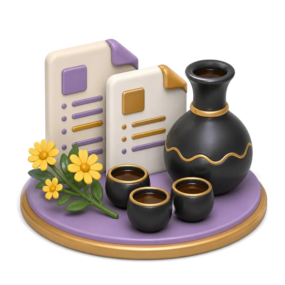 Two documents beside a clay coffee pot, small cups and yellow daisies