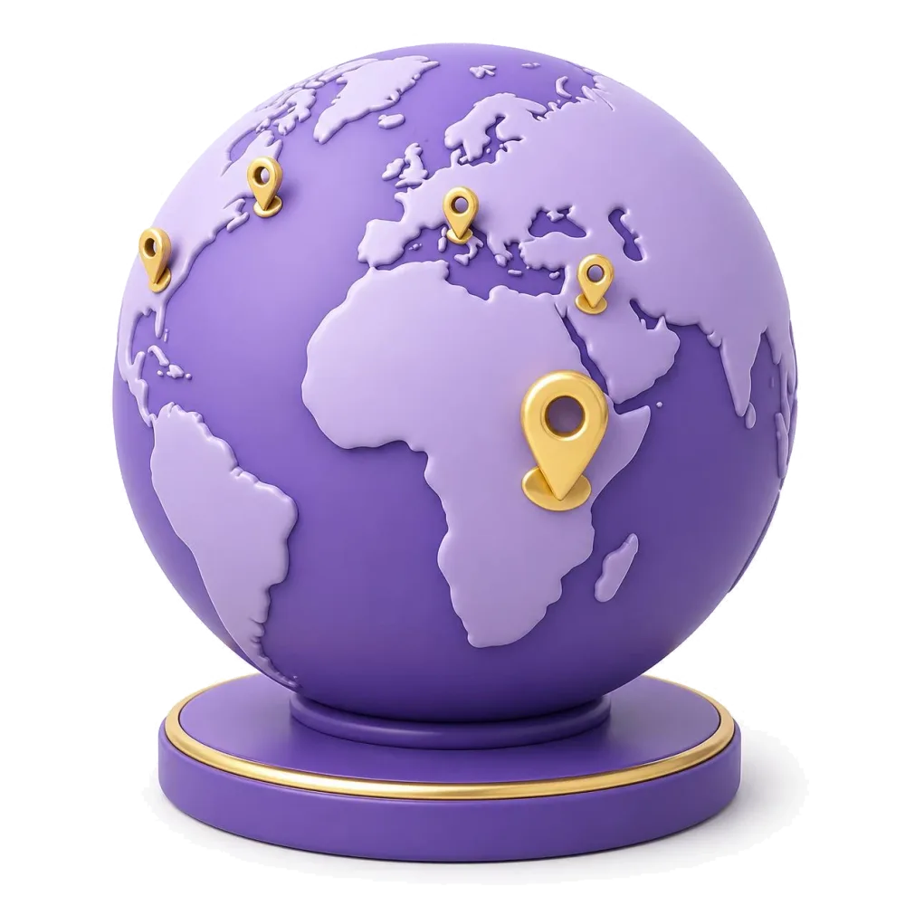 Purple globe with pins on Ethiopia, Washington, Los Angeles, Canada, Israel and Italy