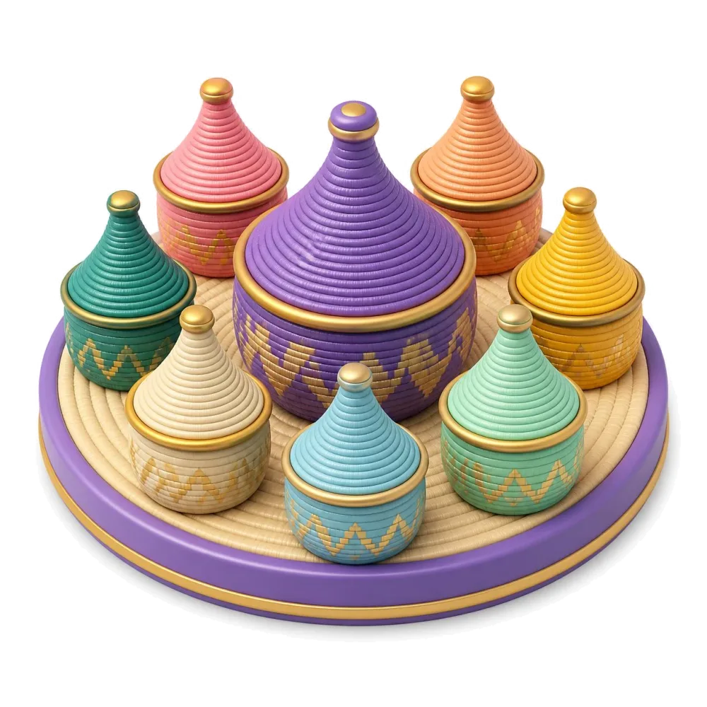 Colorful woven baskets with conical lids around a purple one, the language pairs with Amharic
