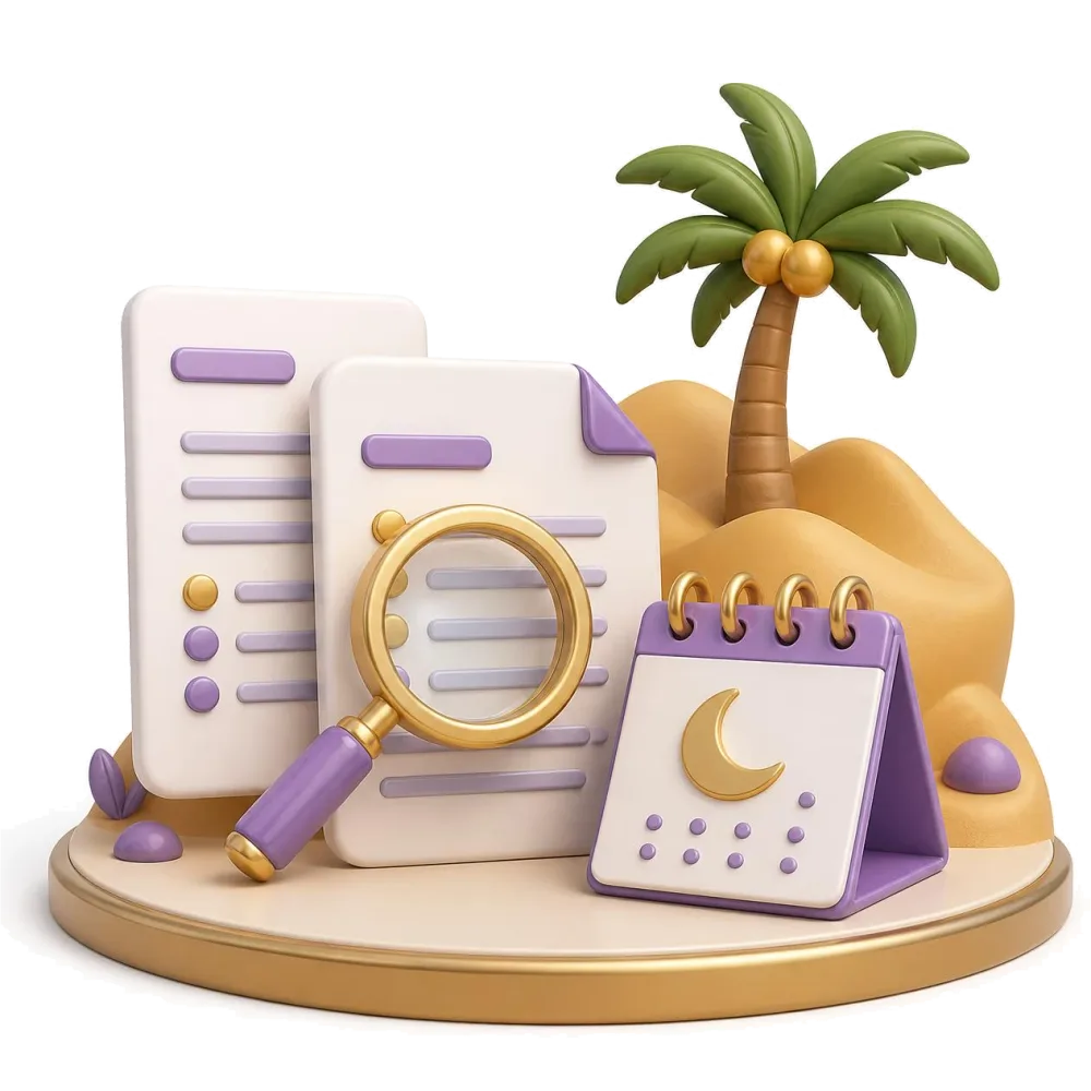 Two documents under a magnifying glass, a crescent moon calendar and a palm tree