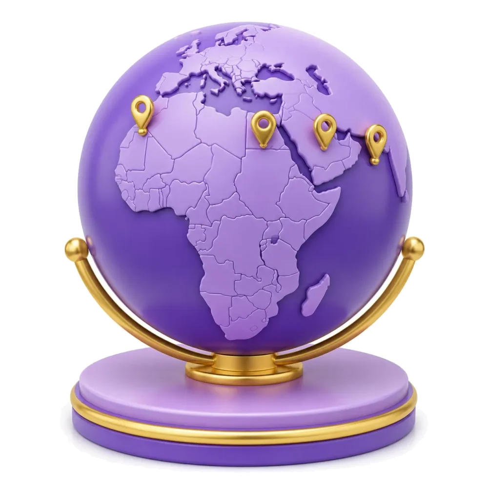 Purple globe with pins on Morocco, Egypt, Saudi Arabia and the Gulf