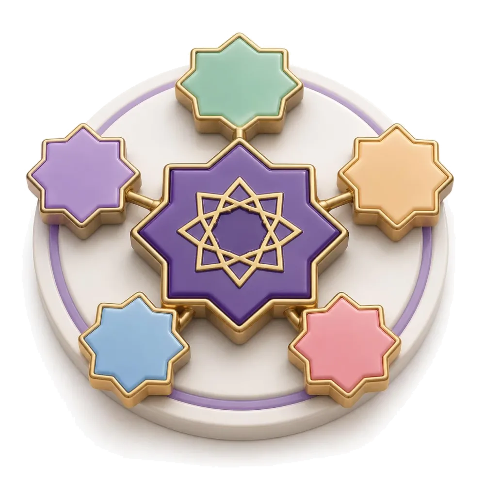 Purple tile with a gold geometric star linked to five colored tiles, the language pairs with Arabic