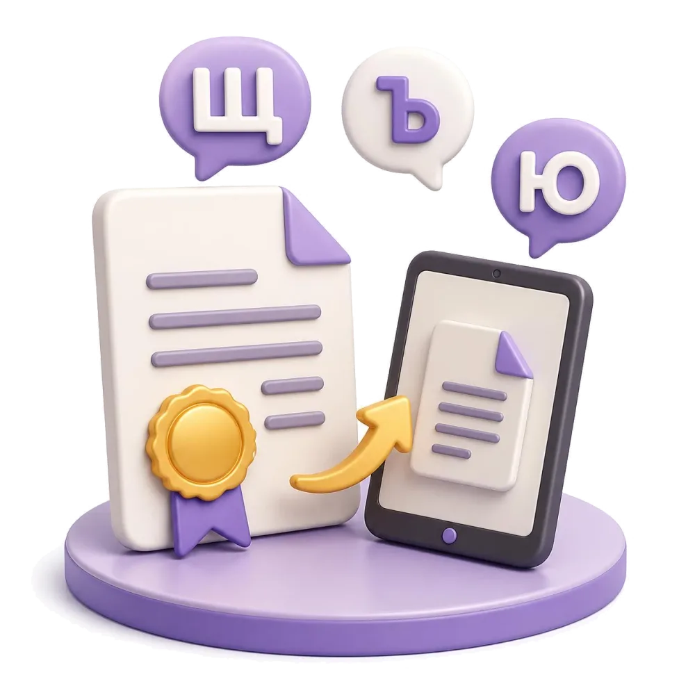 Documento búlgaro certificado com selo dourado, tablet enviando o arquivo e letras do alfabeto búlgaro