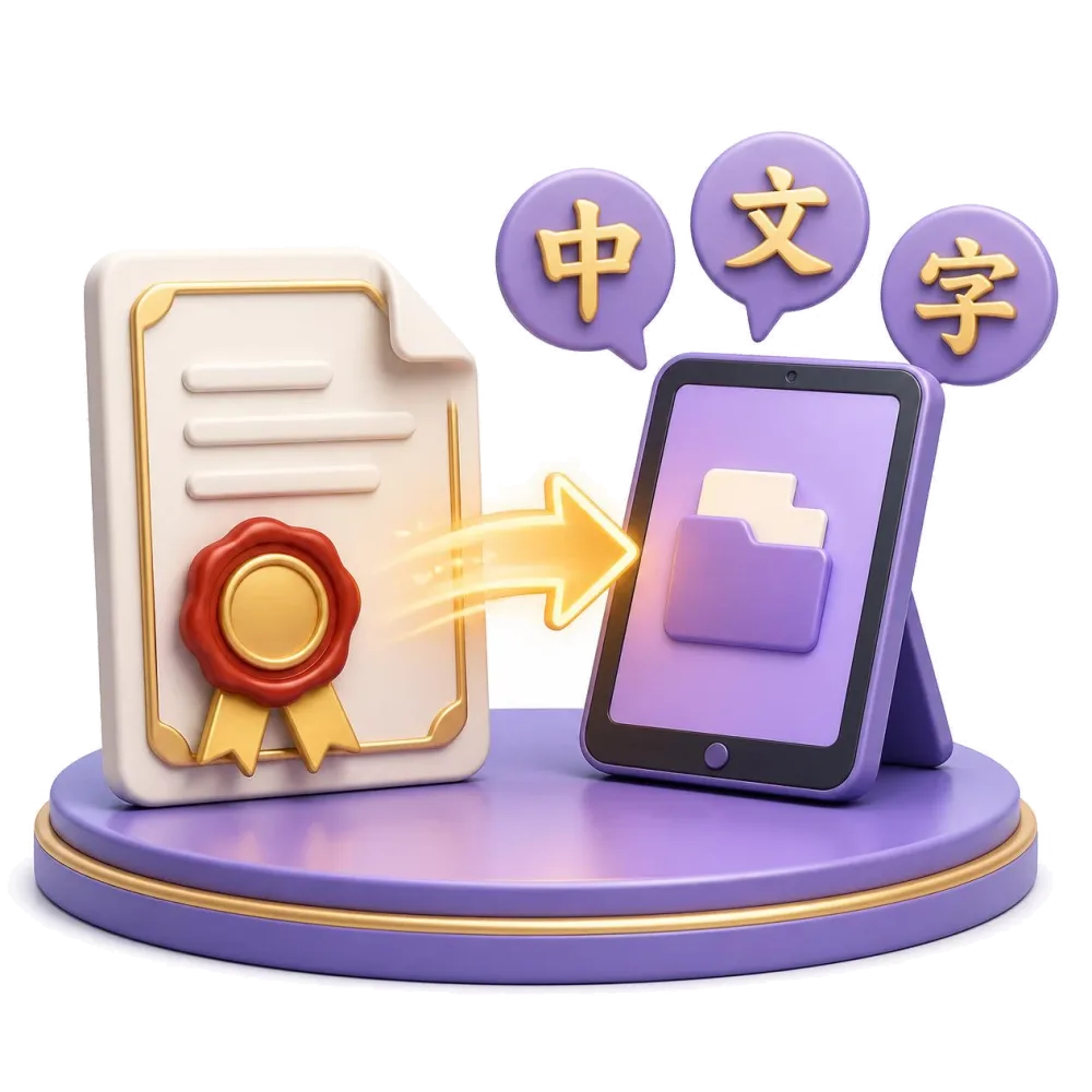 Certified Chinese document with red seal, tablet sending it, characters 中 文 字