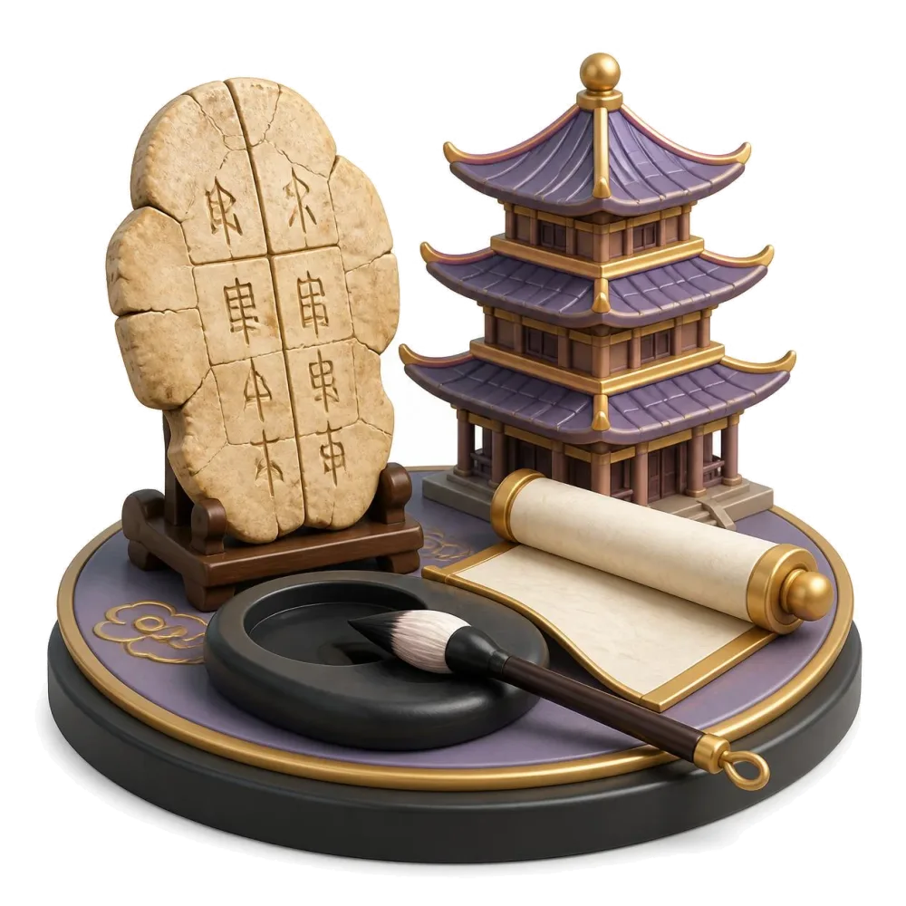 Ancient oracle bone, ink brush on an inkstone, a scroll and a pagoda