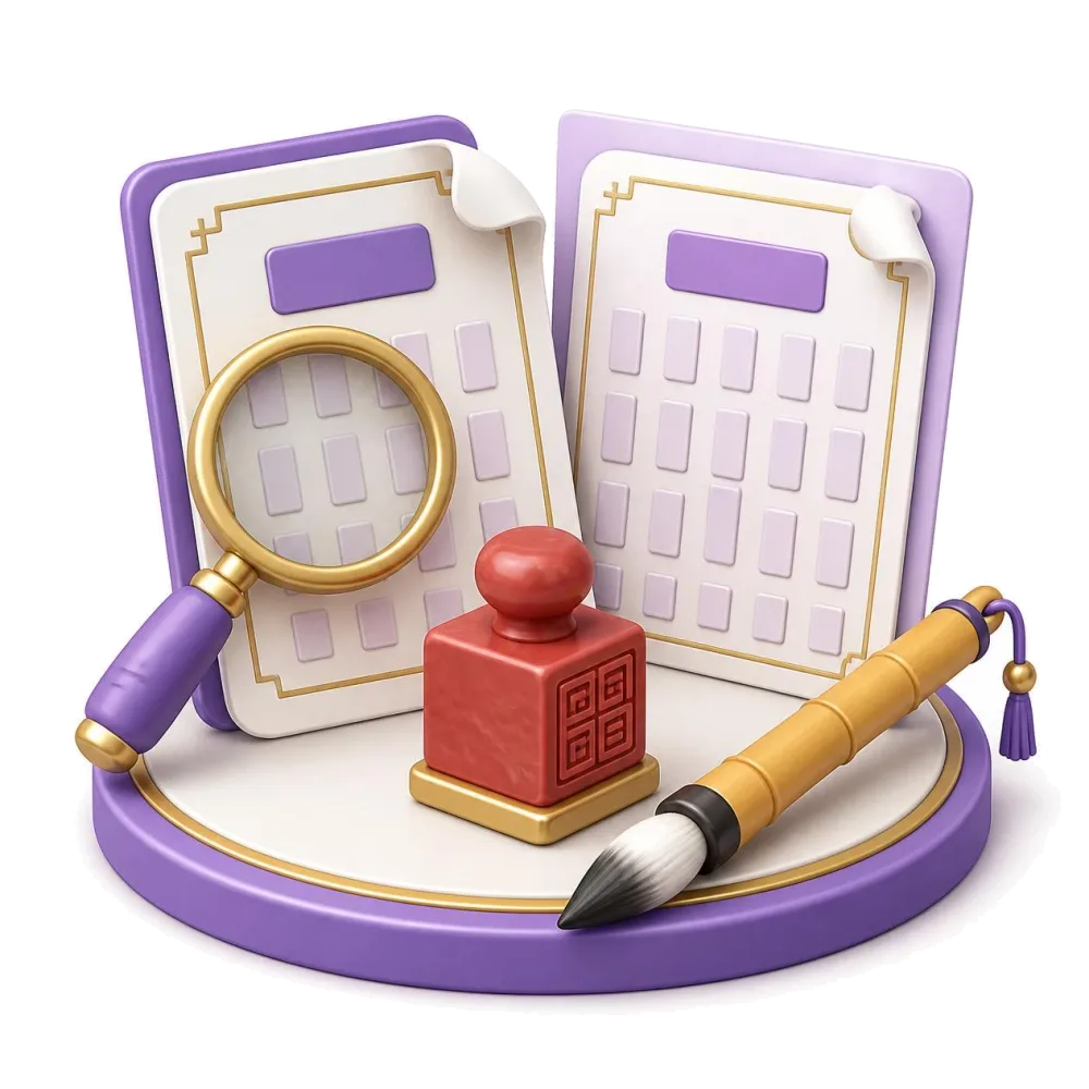 Two documents compared with a magnifying glass, a red seal stamp and an ink brush
