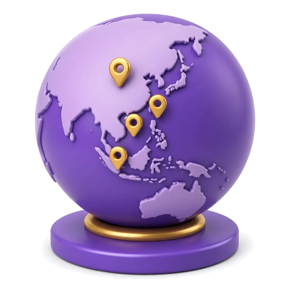 Purple globe with pins on China, Taiwan, Hong Kong and Singapore