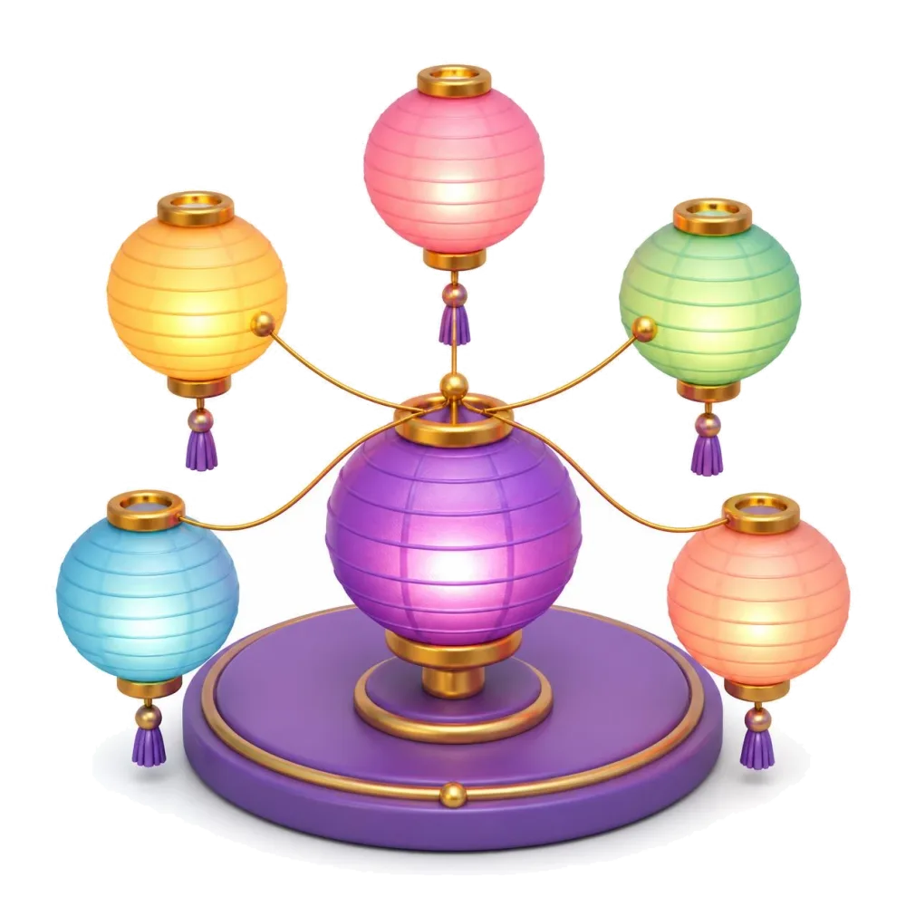 Glowing paper lanterns linked by golden threads, the language pairs with Chinese