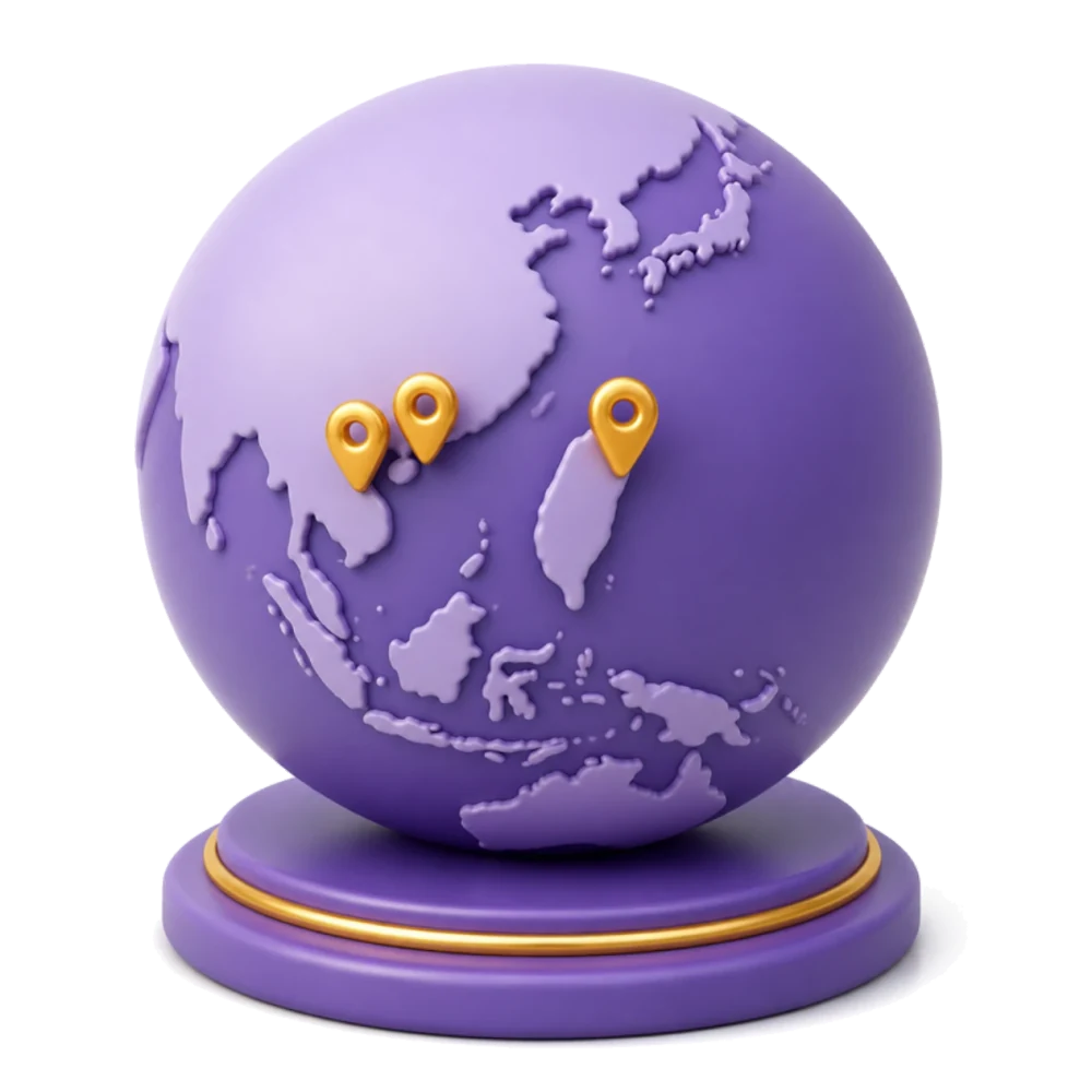 Globo morado con pines dorados en Taiwán, Hong Kong y Macao