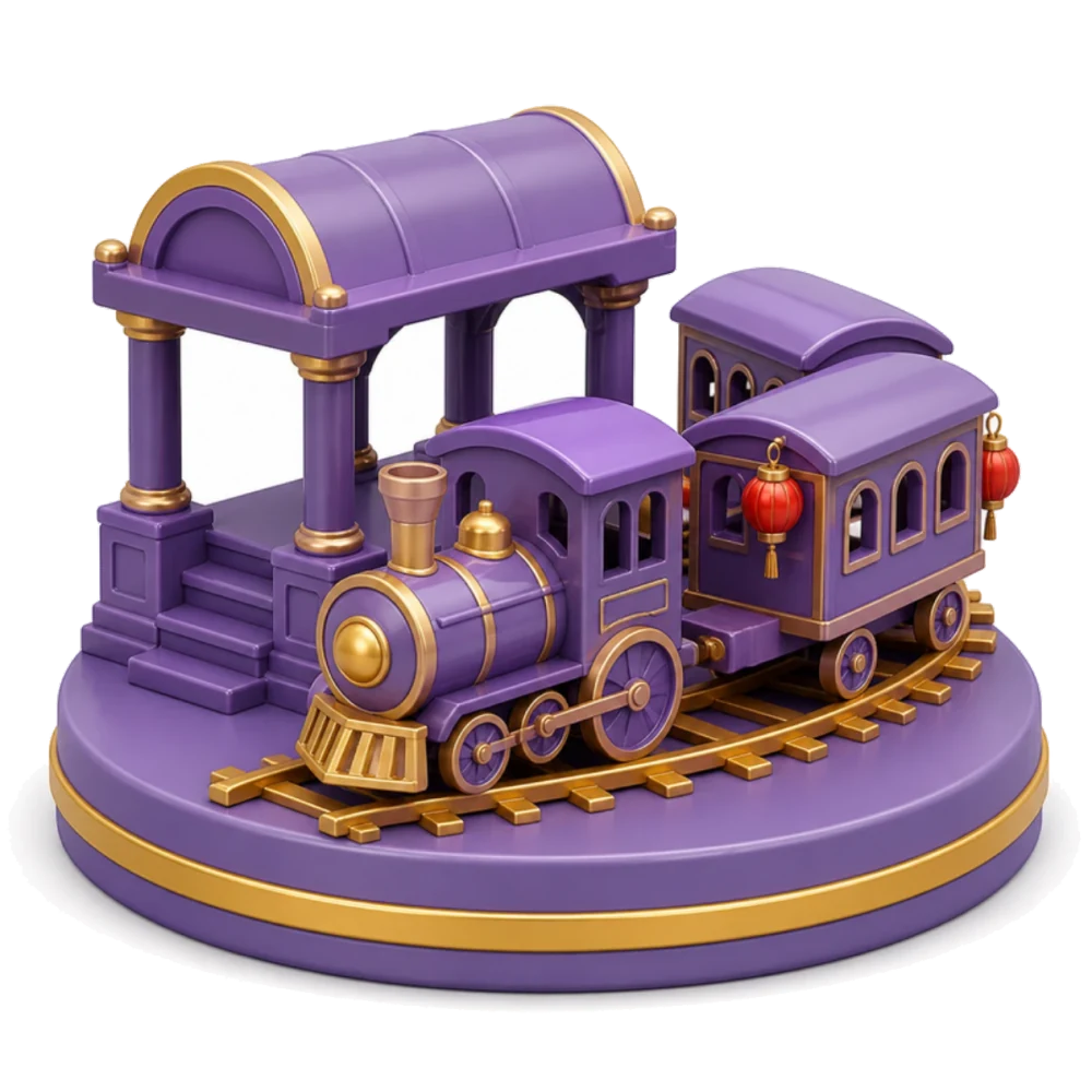 Tren de juguete morado con pequeños faroles rojos saliendo de una estación sobre vías doradas