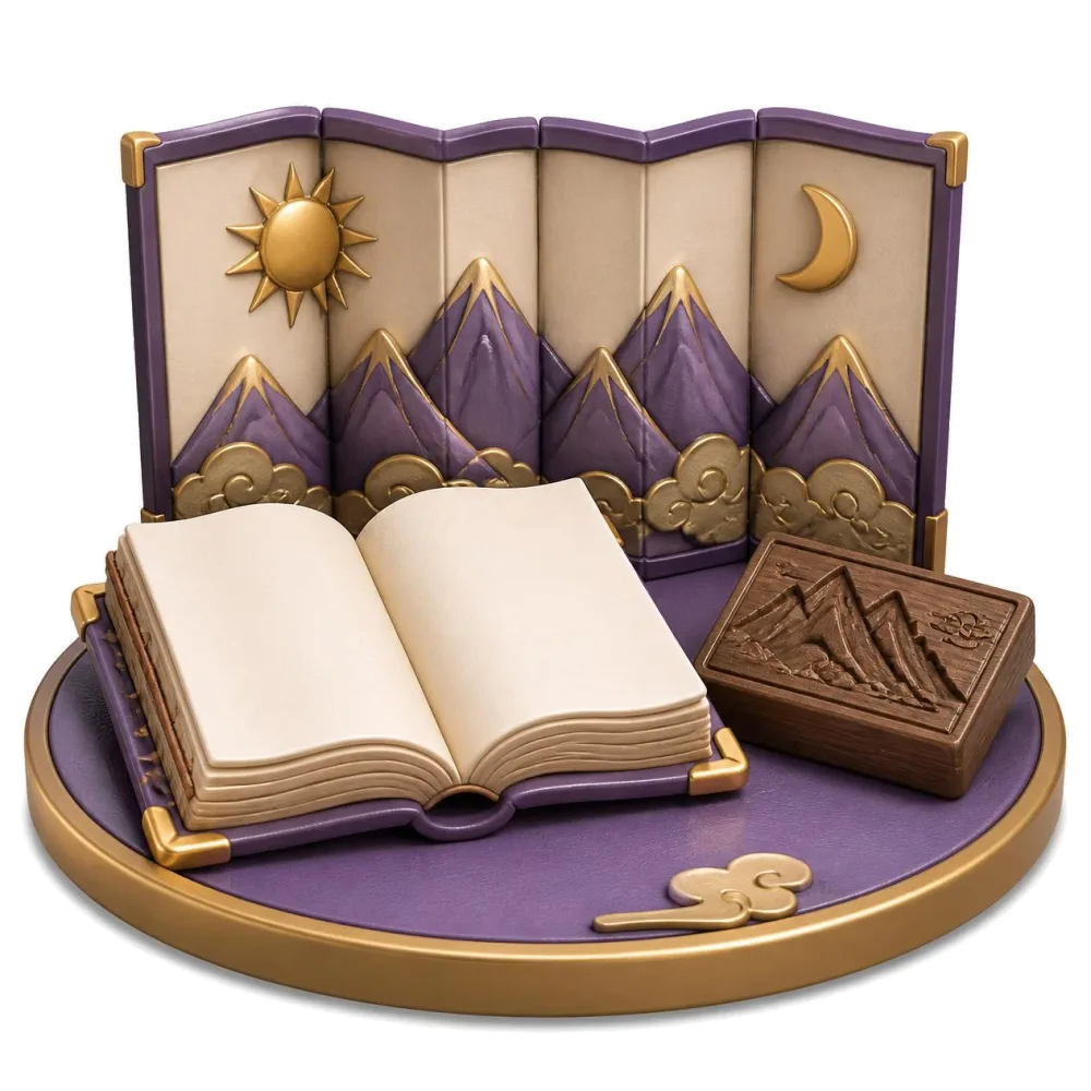 Old stitched book, carved wooden printing block and folding screen with sun and moon