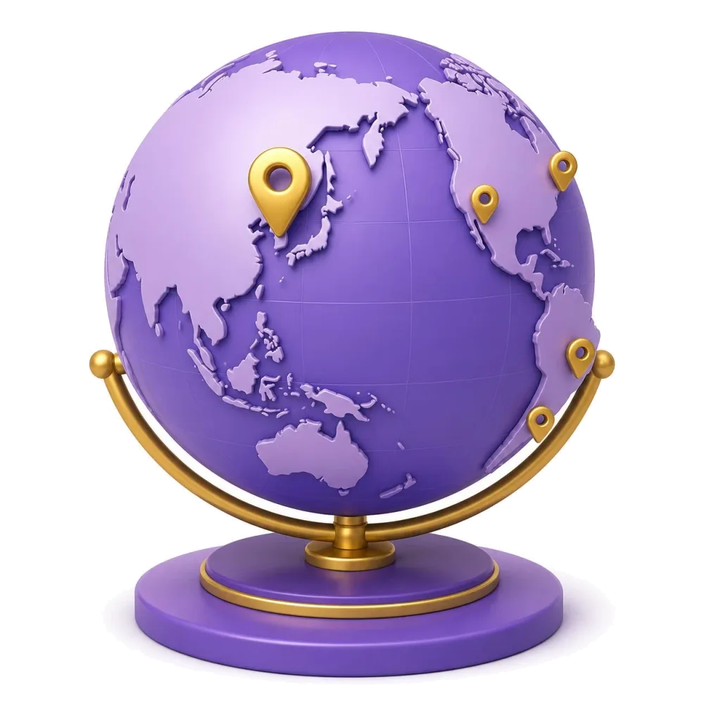 Purple globe with pins on Korea, Los Angeles, New York, São Paulo and Buenos Aires