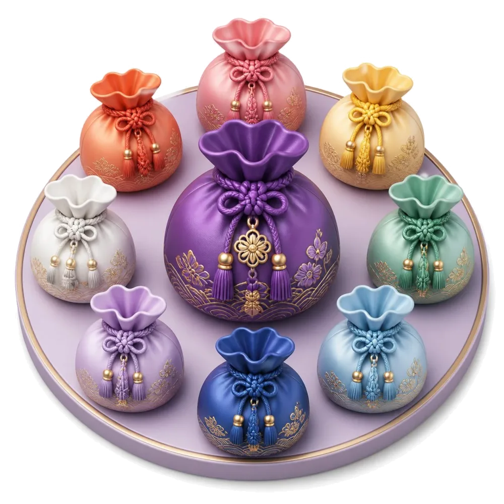 Silk lucky pouches around a larger purple pouch, the language pairs with Korean