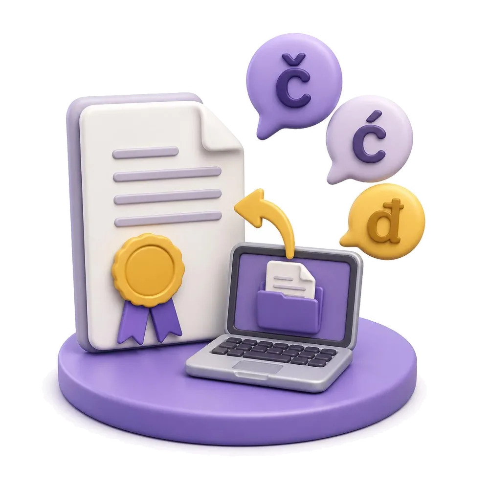 Certified Croatian document with gold seal, laptop sending the file, letters č ć đ