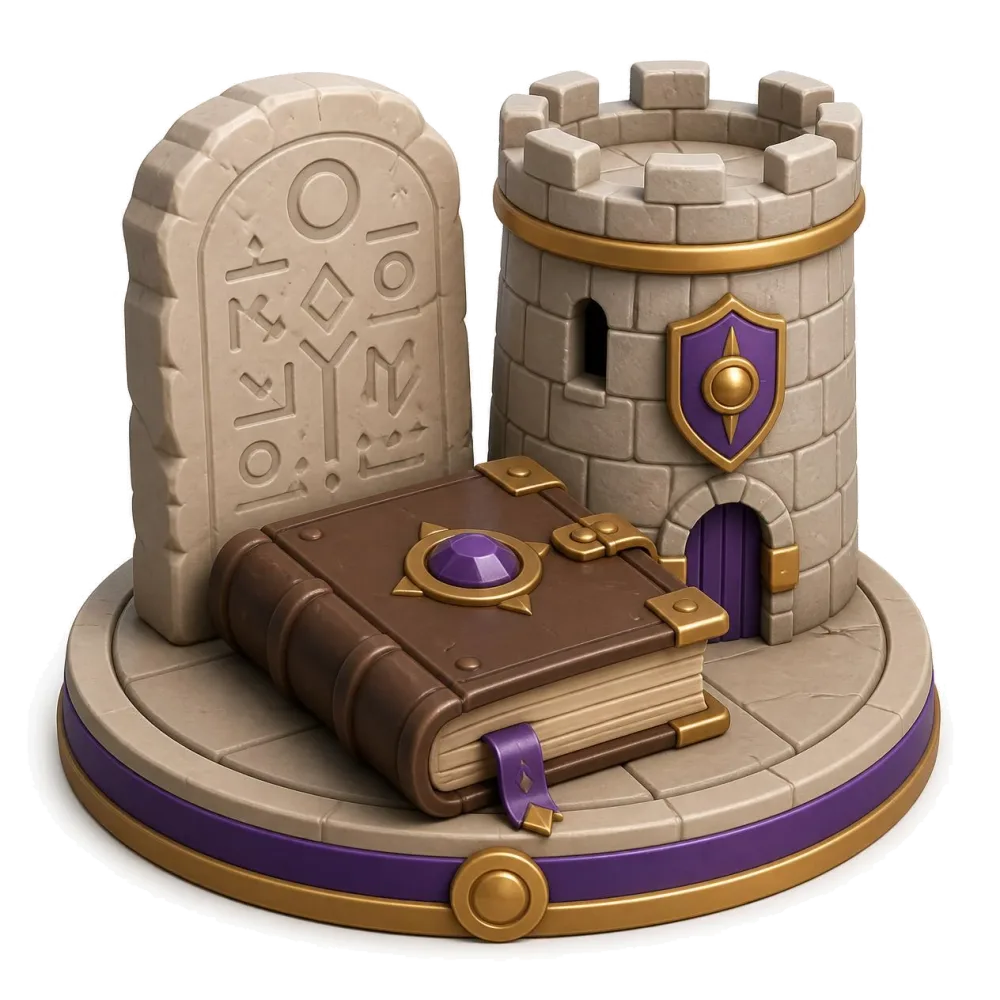 Carved stone tablet, old clasped missal and a stone fortress tower