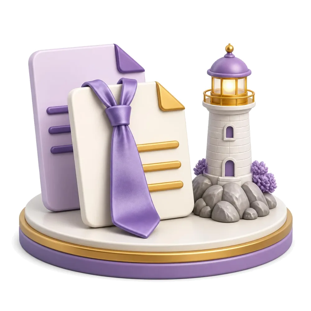 Two documents side by side with a silk necktie and a small stone lighthouse