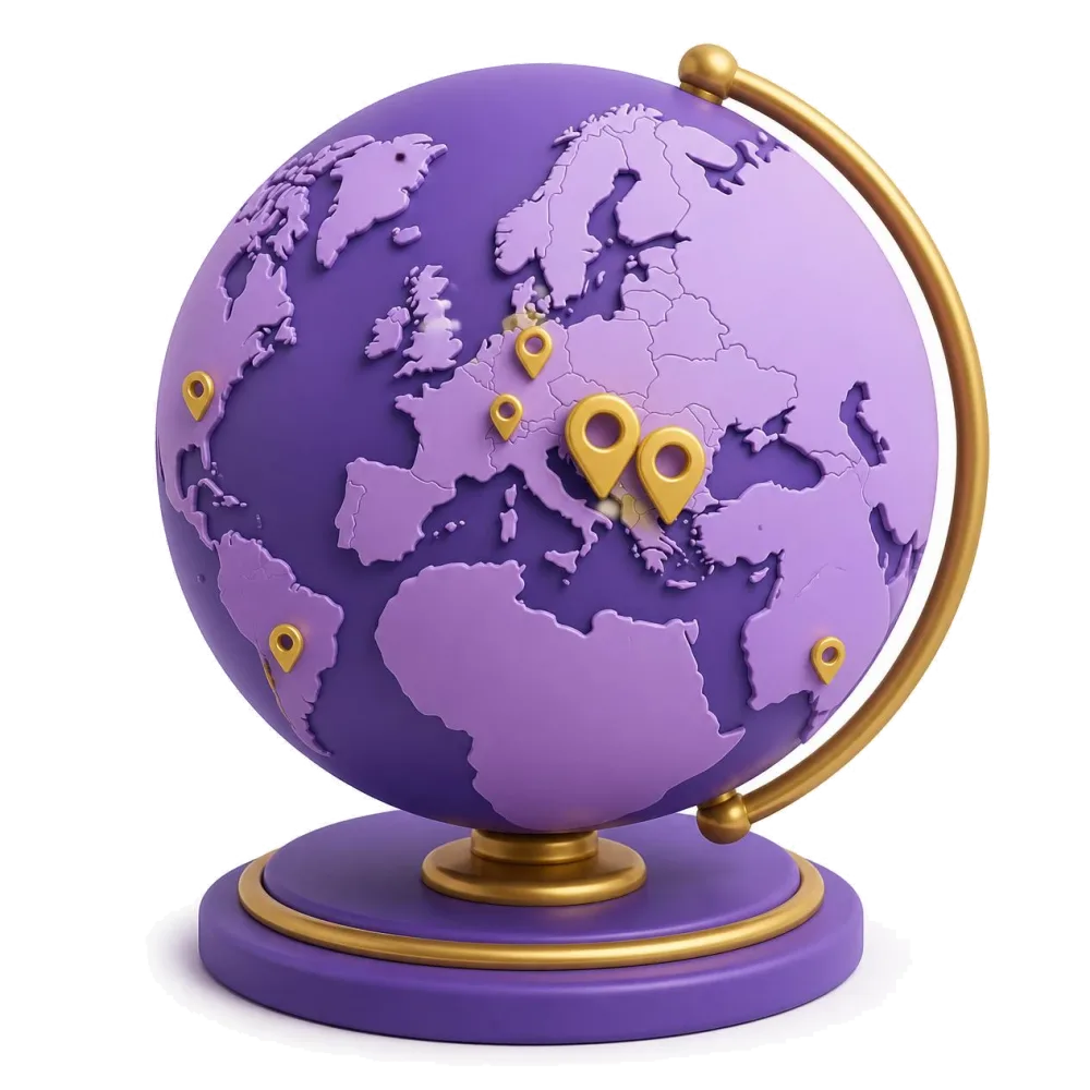 Purple globe with pins on Croatia, Bosnia and Croatian communities abroad