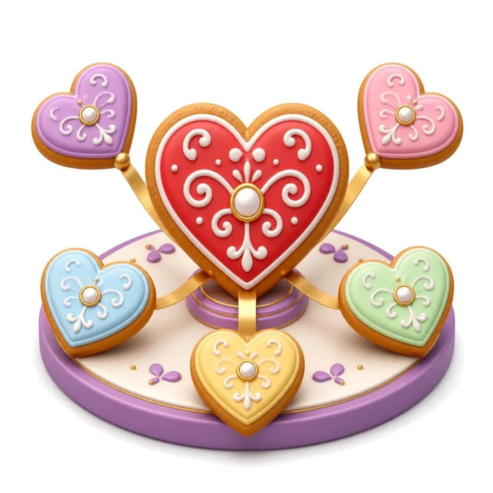 Heart-shaped gingerbread cookies linked by golden ribbons, the pairs with Croatian