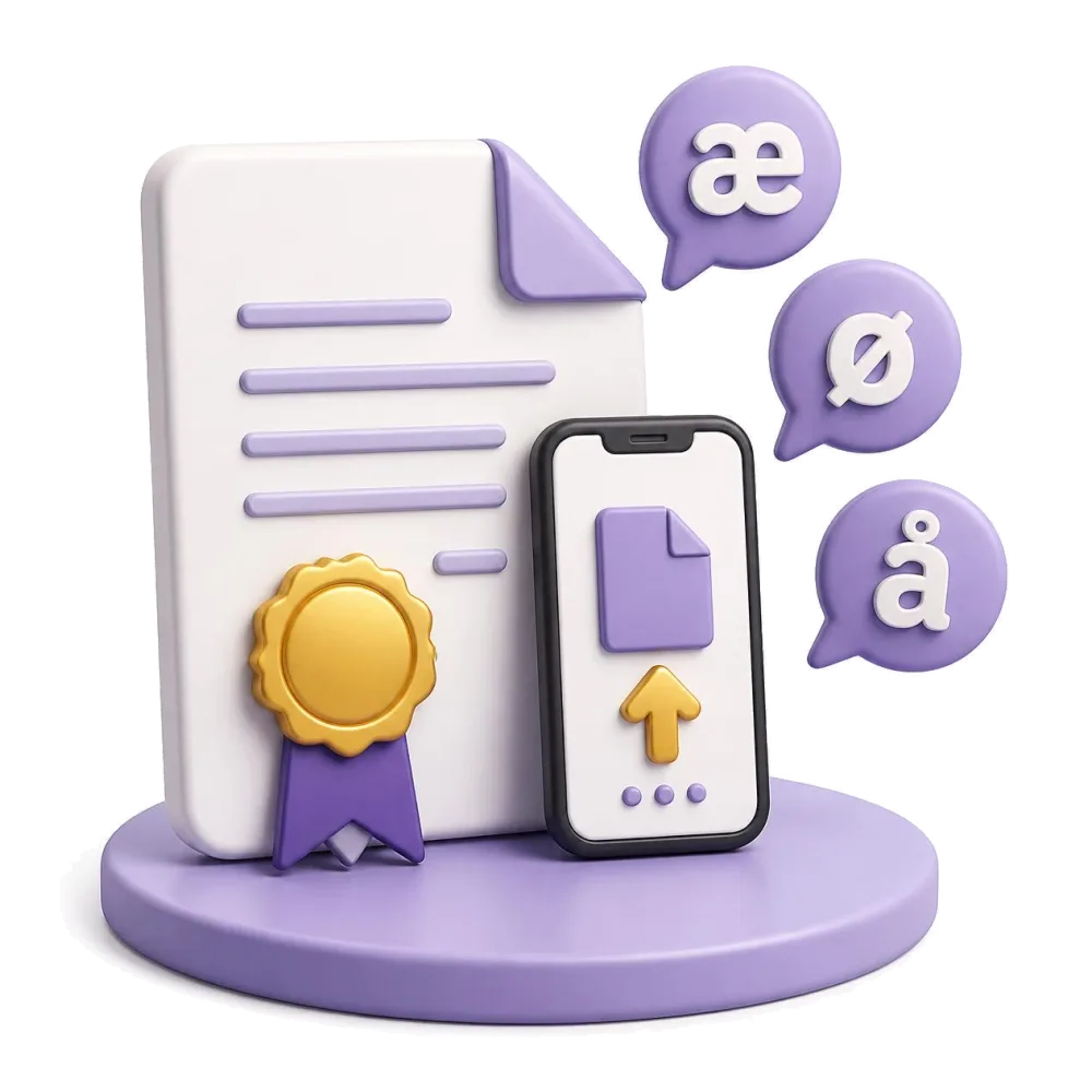 Certified Danish document with gold seal, phone sending the file, letters æ ø å