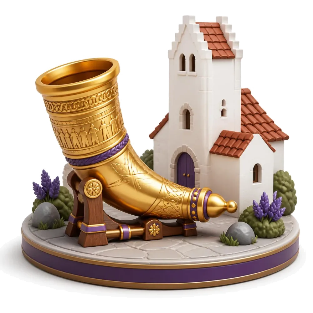 Ornate golden drinking horn with engraved bands beside a white village church with a stepped gable